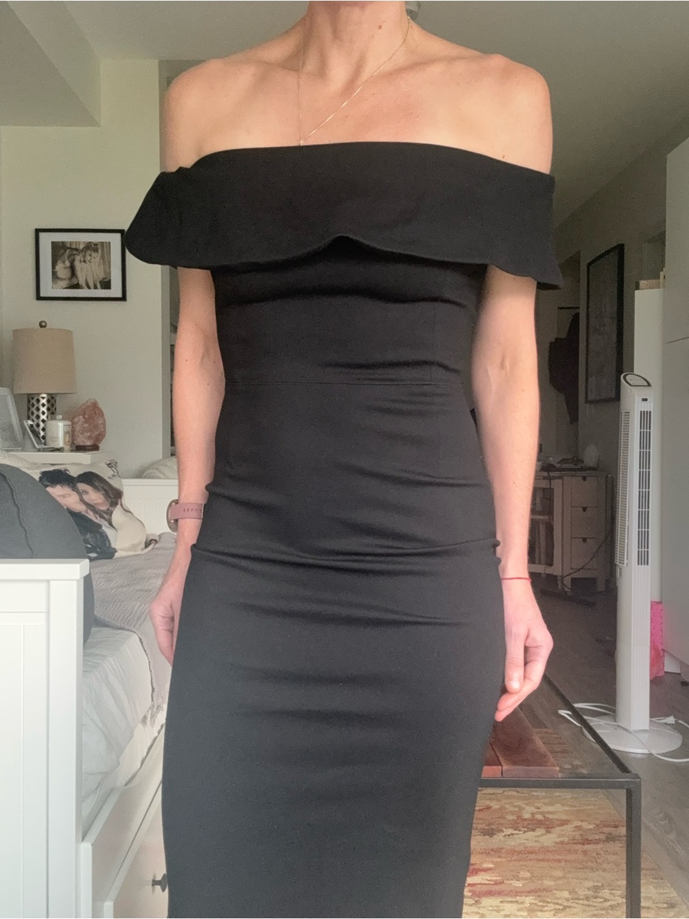 Babaton Black Off-The-Shoulder Ruffle Midi Dress